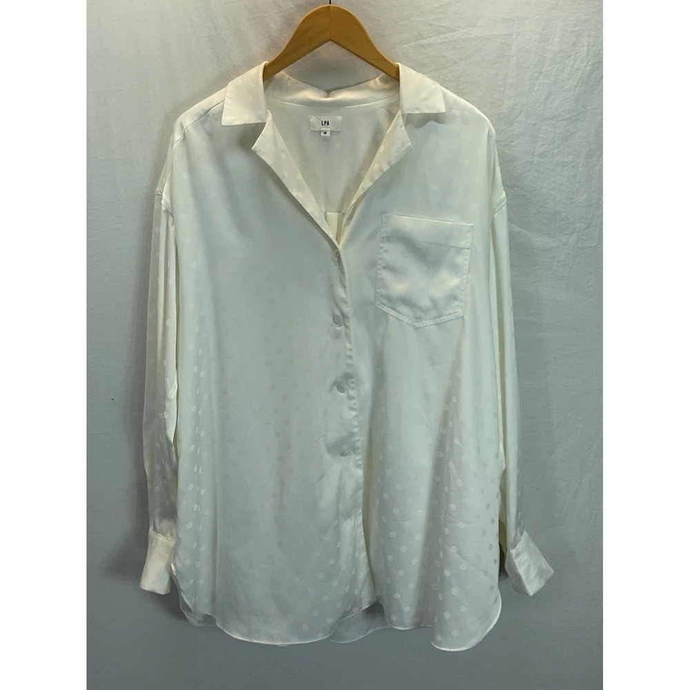 LPA Revolve Satin white polka dot Button Down blouse Sleep shirt luxury LG